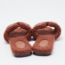 Pre Owned Hermes Brown Shearling Fur Oran Flat Slides Size 37