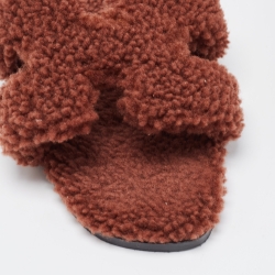 Pre Owned Hermes Brown Shearling Fur Oran Flat Slides Size 37