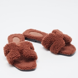 Pre Owned Hermes Brown Shearling Fur Oran Flat Slides Size 37