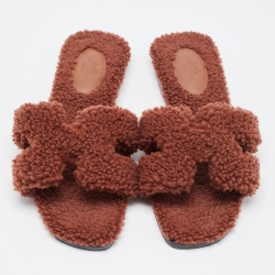 Pre Owned Hermes Brown Shearling Fur Oran Flat Slides Size 37