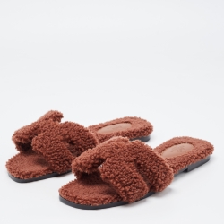 Pre Owned Hermes Brown Shearling Fur Oran Flat Slides Size 37