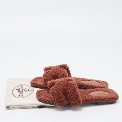 Pre Owned Hermes Brown Shearling Fur Oran Flat Slides Size 37