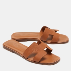 Pre Owned Hermes Tan Leather Oran Flat Slides Size 36.5