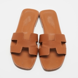 Pre Owned Hermes Tan Leather Oran Flat Slides Size 36.5