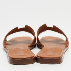 Pre Owned Hermes Tan Leather Oran Flat Slides Size 36.5