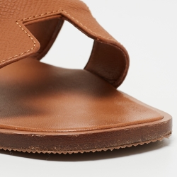 Pre Owned Hermes Tan Leather Oran Flat Slides Size 36.5