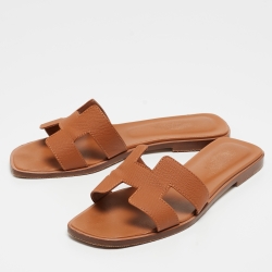 Pre Owned Hermes Tan Leather Oran Flat Slides Size 36.5