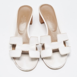 Hermes White Leather Oasis Slide Sandals Size 37