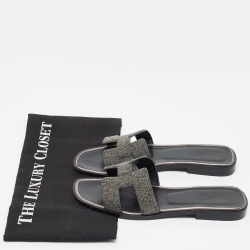 Hermes Metallic Grey Beads Oran Flat Slides Size 37