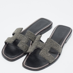 Hermes Metallic Grey Beads Oran Flat Slides Size 37