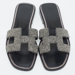 Hermes Metallic Grey Beads Oran Flat Slides Size 37