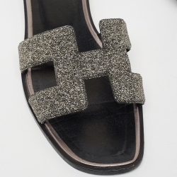 Hermes Metallic Grey Beads Oran Flat Slides Size 37