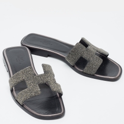Hermes Metallic Grey Beads Oran Flat Slides Size 37
