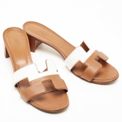 Hermes Brown/White Leather Oasis Sandals Size 39