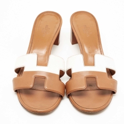 Hermes Brown/White Leather Oasis Sandals Size 39
