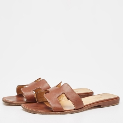 Hermes Brown Leather Oran  Flat Slides Size 39.5