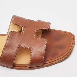 Hermes Brown Leather Oran  Flat Slides Size 39.5