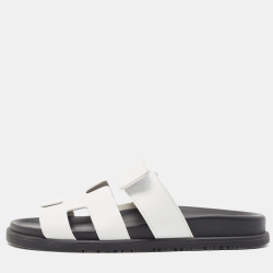 Hermes White Leather Chypre Flat Slides Size 36