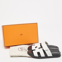 Hermes White Leather Chypre Flat Slides Size 36