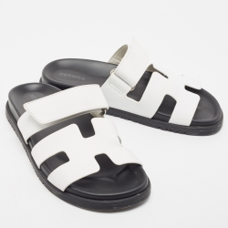 Hermes White Leather Chypre Flat Slides Size 36