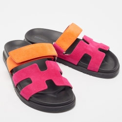 مملوكة مسبقًا Hermes Pink/Orange Suede Chypre Flat Slides Size 36