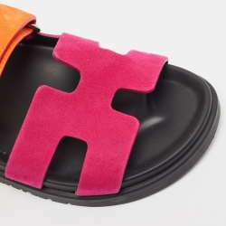 مملوكة مسبقًا Hermes Pink/Orange Suede Chypre Flat Slides Size 36
