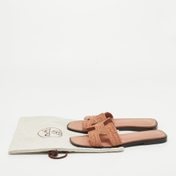 مملوكة مسبقًا Hermes Peach Pink Suede Crystal Embellished Oran Flat Slides Size 39