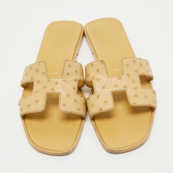 Hermes Yellow Ostrich Oran Flat Slides Size 39