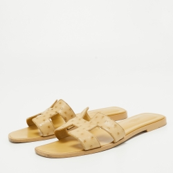 Hermes Yellow Ostrich Oran Flat Slides Size 39