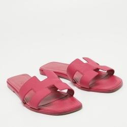 Hermes Pink Leather Oran Flat Slides Size 39.5  
