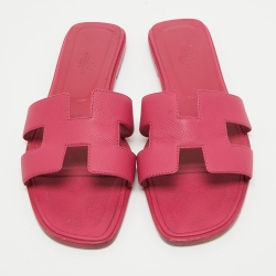 Hermes Pink Leather Oran Flat Slides Size 39.5  