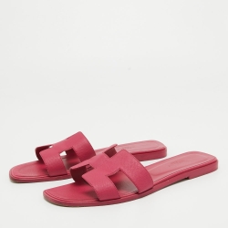 Hermes Pink Leather Oran Flat Slides Size 39.5  