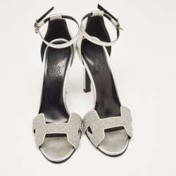 Pre Owned Hermes Silver Leather and Crystal Powder Night Premiere Sandals Size 37