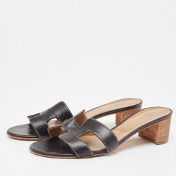 Pre Owned Hermes Black Leather  Oasis Slide Sandals Size 39