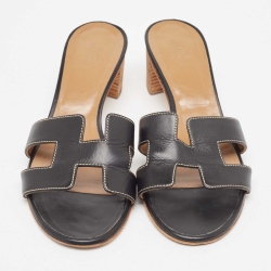 Pre Owned Hermes Black Leather  Oasis Slide Sandals Size 39