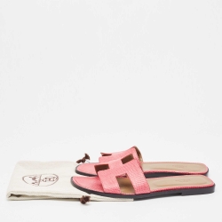 Pre Owned Hermes Pink Lizard Oran Flat Slides Size 40 