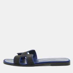 Hermes Blue/Black Glitter and Suede Oran Flat Slides Size 39 