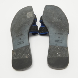 Hermes Blue/Black Glitter and Suede Oran Flat Slides Size 39 