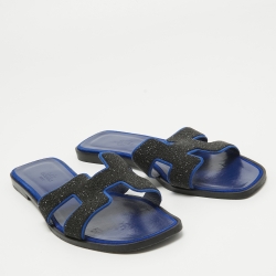Hermes Blue/Black Glitter and Suede Oran Flat Slides Size 39 