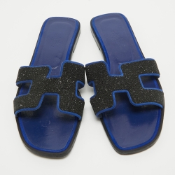 Hermes Blue/Black Glitter and Suede Oran Flat Slides Size 39 