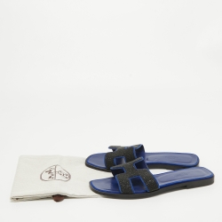 Hermes Blue/Black Glitter and Suede Oran Flat Slides Size 39 