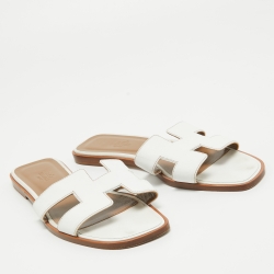 Pre Owned Hermes White Leather Oran Flat Slides Size 39 