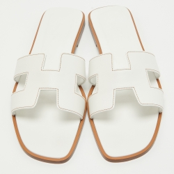 Pre Owned Hermes White Leather Oran Flat Slides Size 39