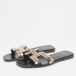 مملوكة مسبقًا Hermes Gold Leather Oran Flat Slides Size 39 