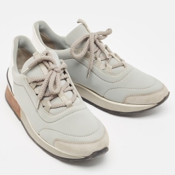 Pre Owned حذاء رياضي هيرمس مايلز جلد ونايلون أبيض/ رصاصي مقاس 39