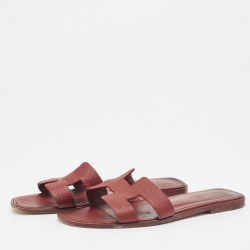 مملوكة مسبقًا Hermes Burgundy Leather Oran Flat Slides Size 39.5
