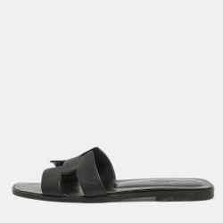 Hermes Black Leather Oran Flat Slides Size 39.5