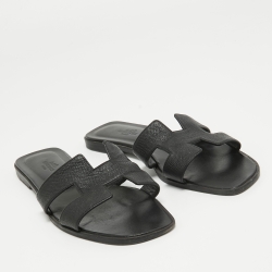 Hermes Black Leather Oran Flat Slides Size 39.5
