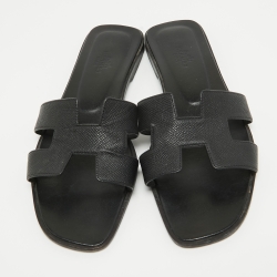 Hermes Black Leather Oran Flat Slides Size 39.5