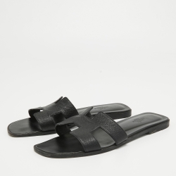 Hermes Black Leather Oran Flat Slides Size 39.5